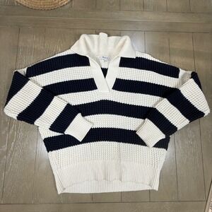 Madewell Knit Sweater Women M Ivory Navy Blue Striped Polo Neck Waffle Nautical